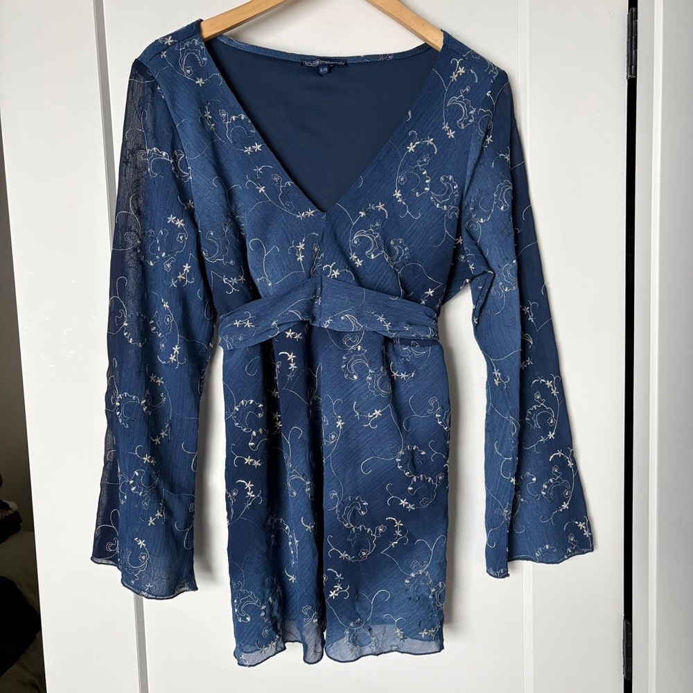 Navy Blue Floral Mesh Wrap Dress